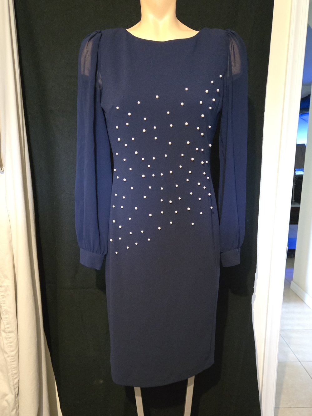 This is a navy blue Karl Lagerfeld Paris sheath dress, 4